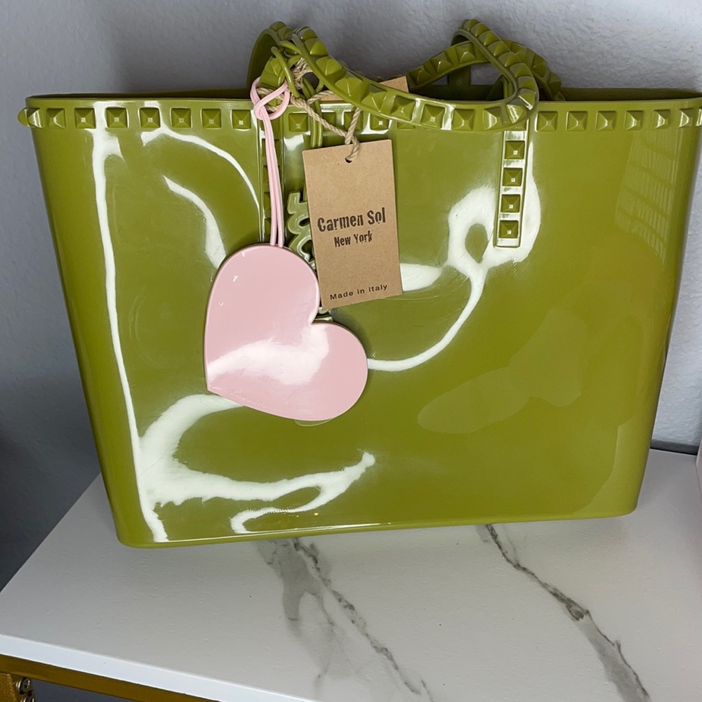 Olive Green Patent Tote with Pink Heart Charm